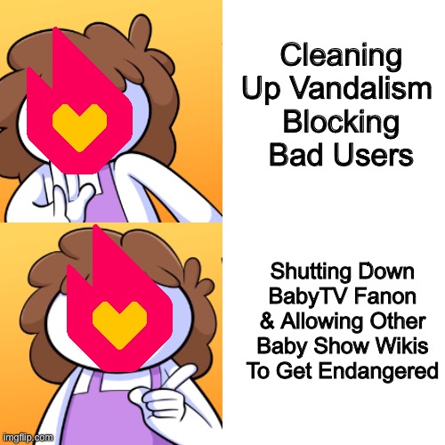 TheOdd1’sOut Meme About Fandom’s BS Moderation | Cleaning Up Vandalism 
Blocking Bad Users; Shutting Down BabyTV Fanon & Allowing Other Baby Show Wikis To Get Endangered | image tagged in theodd1sout's mom hotline bling | made w/ Imgflip meme maker