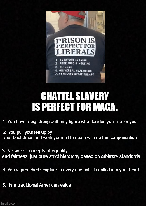 Tell me where I'm wrong. | Chattel slavery is perfect for MAGA. 1. You have a big strong authority figure who decides your life for you. 2. You pull yourself up by your bootstraps and work yourself to death with no fair compensation. 3. No woke concepts of equality and fairness, just pure strict hierarchy based on arbitrary standards. 4. You're preached scripture to every day until its drilled into your head. 5. Its a traditional American value. | image tagged in slavery,maga,capitalism,workers rights,reject modernity embrace tradition | made w/ Imgflip meme maker