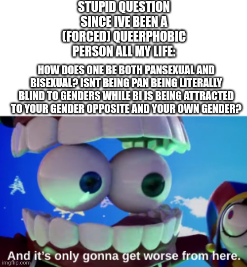 yes ik im stupid. I may delete afterward | stupid question since ive been a (forced) queerphobic person all my life:; how does one be both pansexual and bisexual? isnt being pan being literally blind to genders while bi is being attracted to your gender opposite and your own gender? | image tagged in and it's only gonna get worse from here,question | made w/ Imgflip meme maker
