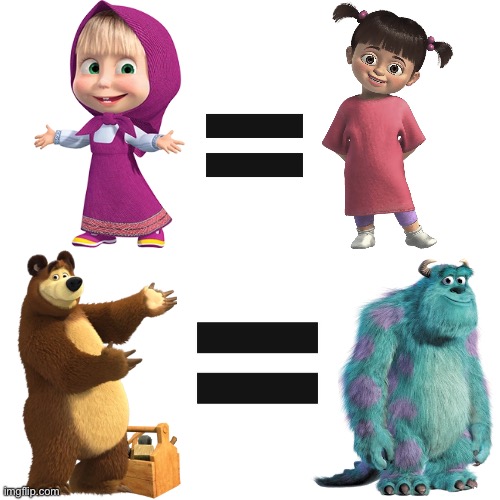Masha & the Bear as Boo & Sulley | image tagged in monsters inc,pixar,disney,masha and the bear,crossover,matchup | made w/ Imgflip meme maker