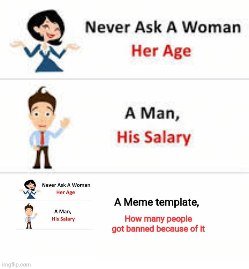Me when i suddenly make a meme that follows terms and service: | A Meme template, How many people got banned because of it | image tagged in never ask a woman her age,never again | made w/ Imgflip meme maker