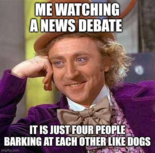 Lost in the noise | Me watching a news debate; It is just four people barking at each other like dogs | image tagged in memes,creepy condescending wonka | made w/ Imgflip meme maker