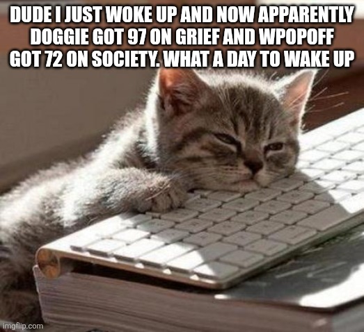 You could say we almost had two top ones in one day. | Dude I just woke up and now apparently doggie got 97 on Grief and WPopoff got 72 on Society. What a day to wake up | image tagged in tired cat | made w/ Imgflip meme maker