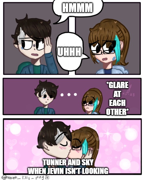 Two shy people kissing | Hmmm; uhhh; *glare at each other*; tunner and sky when jevin isn't looking | image tagged in two shy people kissing | made w/ Imgflip meme maker