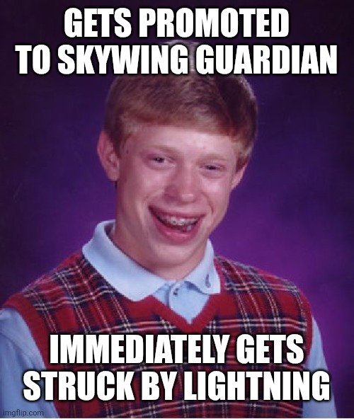 Ai attempts memes p5 | GETS PROMOTED TO SKYWING GUARDIAN; IMMEDIATELY GETS STRUCK BY LIGHTNING | image tagged in memes,bad luck brian | made w/ Imgflip meme maker