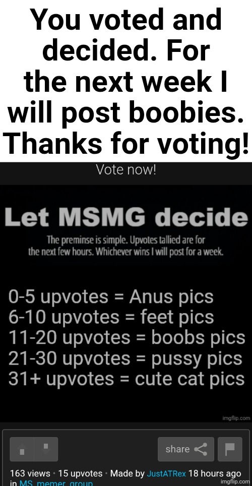Pictures of boobies coming right up! | You voted and decided. For the next week I will post boobies. Thanks for voting! | made w/ Imgflip meme maker