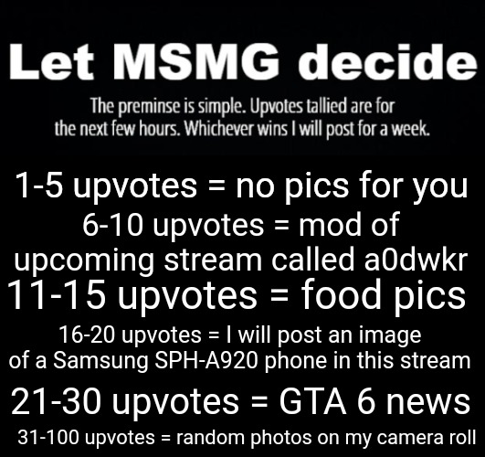 vote | 1-5 upvotes = no pics for you; 6-10 upvotes = mod of upcoming stream called a0dwkr; 11-15 upvotes = food pics; 16-20 upvotes = I will post an image of a Samsung SPH-A920 phone in this stream; 21-30 upvotes = GTA 6 news; 31-100 upvotes = random photos on my camera roll | image tagged in vote | made w/ Imgflip meme maker