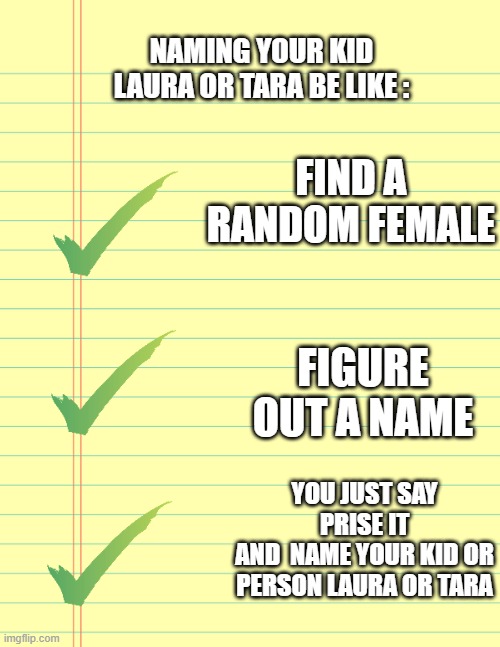 Made This Conserding the Fact The Name Cara Is So Rare No one can ever find author named cara | naming your kid laura or tara be like :; find a random female; figure out a name; you just say prise it
and  name your kid or person laura or tara | image tagged in checklist,acccurate,facts,the truth | made w/ Imgflip meme maker