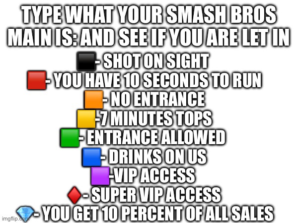 See if you are let in | Type what your smash bros main is: and see if you are let in; ⬛️- shot on sight 
🟥- you have 10 seconds to run
🟧- no entrance
🟨-7 minutes tops
🟩- entrance allowed 
🟦- drinks on us
🟪-VIP access 
♦️- Super VIP access 
💎- you get 10 percent of all sales | image tagged in and see if you're allowed in,super smash bros,why are you reading the tags,stop reading the tags,meep | made w/ Imgflip meme maker