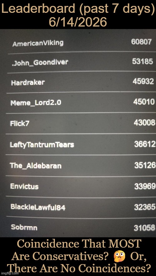 Deep Thoughts With The Deep | Leaderboard (past 7 days)
6/14/2026; Coincidence That MOST
Are Conservatives? 🤔 Or,
There Are No Coincidences? | image tagged in conservatives,liberals,liberal vs conservative,leaderboard,hard work,coincidence | made w/ Imgflip meme maker