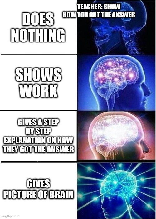 Expanding Brain Meme | Teacher: show how you got the answer; Does nothing; Shows work; Gives a step by step explanation on how they got the answer; Gives picture of brain | image tagged in memes,expanding brain | made w/ Imgflip meme maker