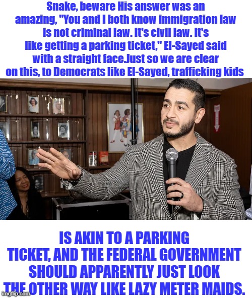 All these OMAR types need rounded up & deported. FED LAW FED FELONIES | Snake, beware His answer was an amazing, "You and I both know immigration law is not criminal law. It's civil law. It's like getting a parking ticket," El-Sayed said with a straight face.Just so we are clear on this, to Democrats like El-Sayed, trafficking kids; is akin to a parking ticket, and the federal government should apparently just look the other way like lazy meter maids. | made w/ Imgflip meme maker