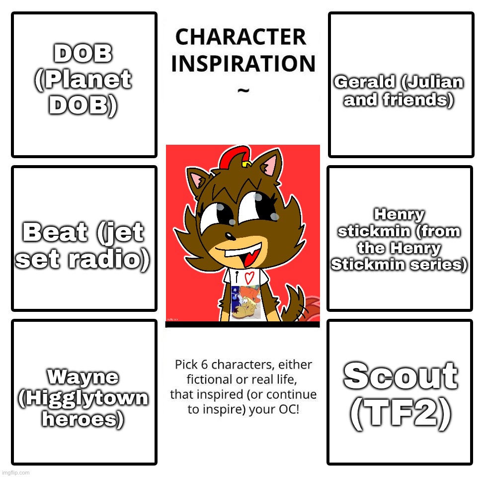 Sway’s character inspirations | DOB (Planet DOB); Gerald (Julian and friends); Henry stickmin (from the Henry Stickmin series); Beat (jet set radio); Wayne (Higglytown heroes); Scout (TF2) | image tagged in character inspiration,art | made w/ Imgflip meme maker