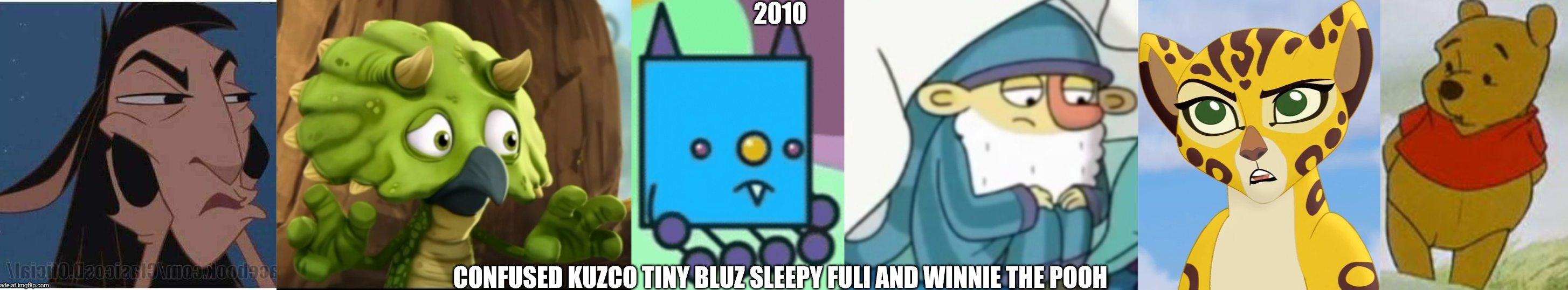 Confused kuzco, tiny bluz sleepy fuli and Winnie the pooh Blank Meme Template