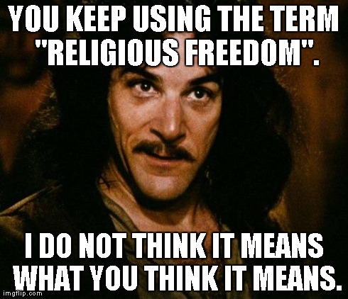 Inigo Montoya | YOU KEEP USING THE TERM "RELIGIOUS FREEDOM". I DO NOT THINK IT MEANS WHAT YOU THINK IT MEANS. | image tagged in memes,inigo montoya | made w/ Imgflip meme maker