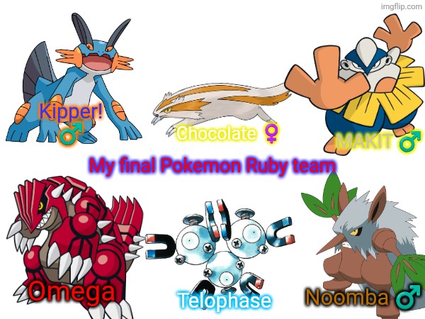 My final team for Pokemon Ruby. I recently got to finally play Pokemon Ruby | Kipper! ♂️; Chocolate ♀️; MAKIT ♂️; My final Pokemon Ruby team; Noomba ♂️; Omega; Telophase | image tagged in pokemon | made w/ Imgflip meme maker