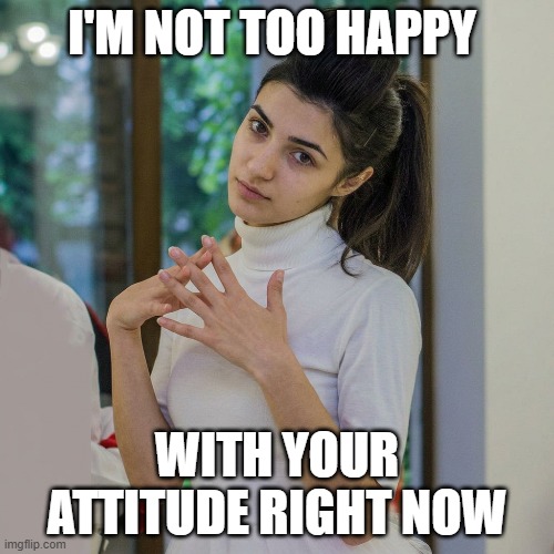 Not Happy With Your Attitude | i'm not too happy; with your attitude right now | image tagged in woman,unhappy,attitude,not good,meme | made w/ Imgflip meme maker