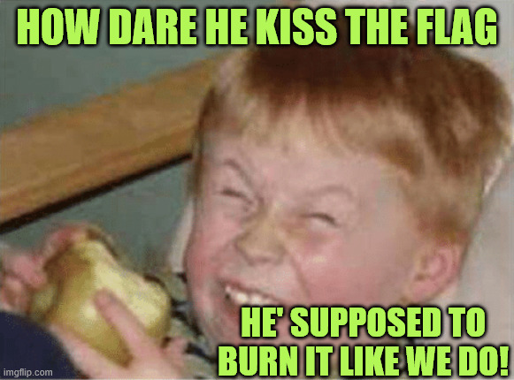 sour apple | How dare he kiss the flag He' supposed to burn it like we do! | image tagged in sour apple | made w/ Imgflip meme maker