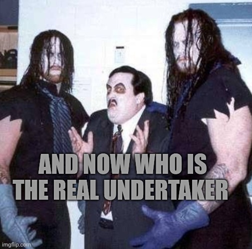 Two undertakers?? | And now who is the real undertaker | image tagged in two undertakers | made w/ Imgflip meme maker