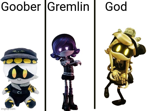 This just randomly popped into my head so I made this | Goober  Gremlin     God | image tagged in murder drones,goober,gremlin,godzilla | made w/ Imgflip meme maker