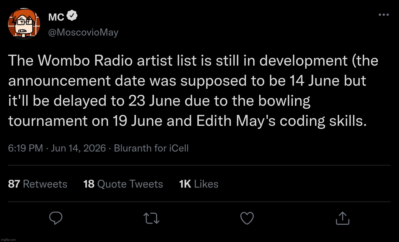 Something interrupting Edith May's Wombo Radio development is delaying the artist list's release. But MC posted about it. | image tagged in mc,moscovio may,wombo radio,bluranth | made w/ Imgflip meme maker
