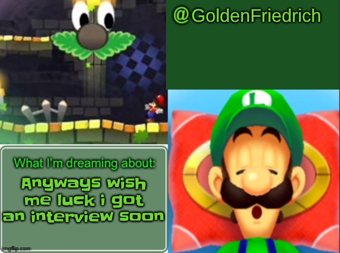 GoldenFriedrich dreamy luigi temp (thx yakko) | Anyways wish me luck i got an interview soon | image tagged in goldenfriedrich dreamy luigi temp thx yakko | made w/ Imgflip meme maker