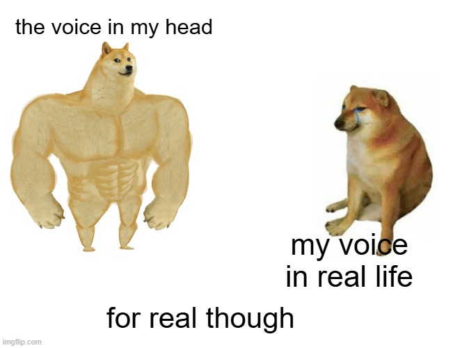 Buff Doge vs. Cheems Meme | the voice in my head; my voice in real life; for real though | image tagged in memes,buff doge vs cheems | made w/ Imgflip meme maker