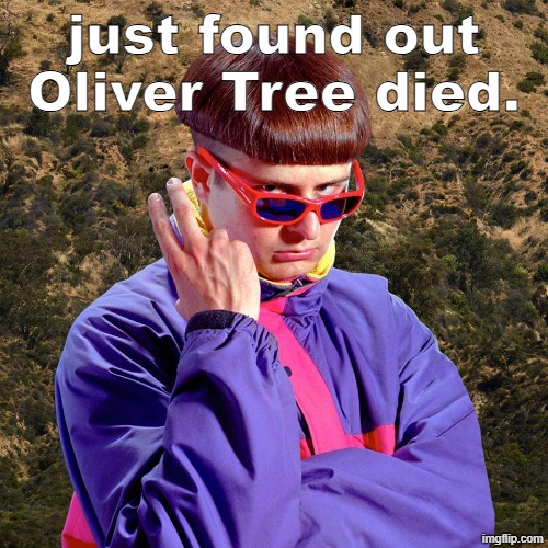 i was literally researching stuff about him yesterday because i was bored, and then the dude dies. | just found out Oliver Tree died. | image tagged in oliver tree | made w/ Imgflip meme maker