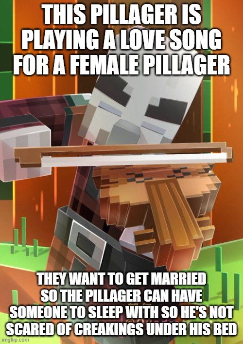 Pillager | this pillager is playing a love song for a female pillager; they want to get married so the pillager can have someone to sleep with so he's not scared of creakings under his bed | image tagged in pillager | made w/ Imgflip meme maker