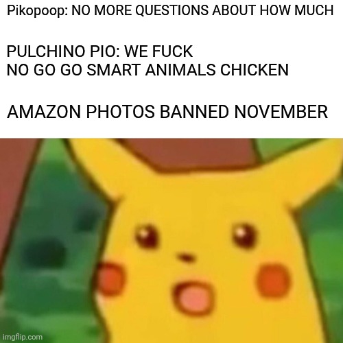 Surprised Pikachu | Pikopoop: NO MORE QUESTIONS ABOUT HOW MUCH; PULCHINO PIO: WE FUCK
NO GO GO SMART ANIMALS CHICKEN; AMAZON PHOTOS BANNED NOVEMBER | image tagged in memes,surprised pikachu | made w/ Imgflip meme maker