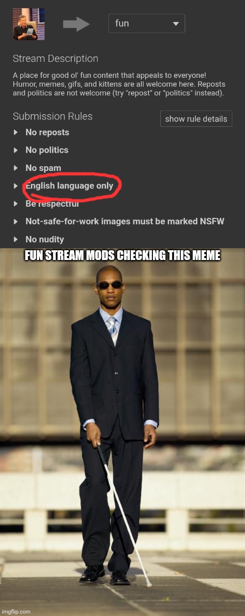 Fun stream mods checking this meme | image tagged in blindman | made w/ Imgflip meme maker