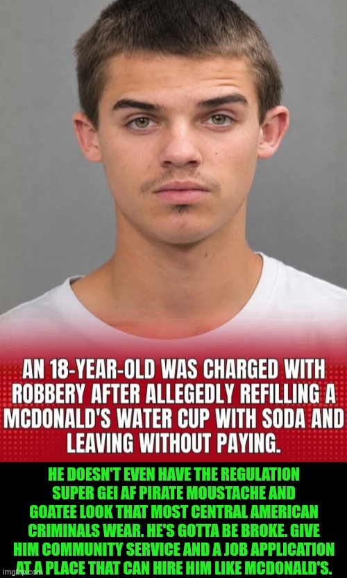 Funny | He doesn't even have the regulation super gei AF pirate moustache and goatee look that most central American criminals wear. He's gotta be broke. Give him community service and a job application at a place that can hire him like McDonald's. | image tagged in funny,mcdonald's,theft,crime,news,modern problems require modern solutions | made w/ Imgflip meme maker