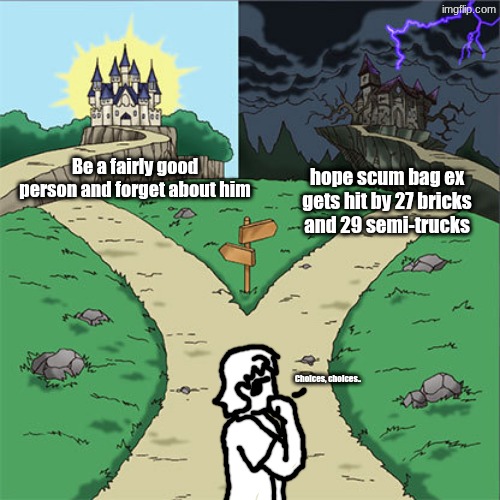 Two difficult choices. | Be a fairly good person and forget about him; hope scum bag ex gets hit by 27 bricks and 29 semi-trucks; Choices, choices.. | image tagged in two paths,relationship memes,relationship | made w/ Imgflip meme maker