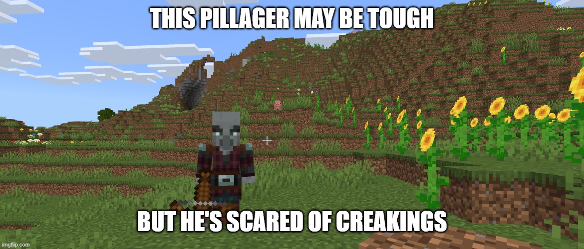 Pillager | this pillager may be tough; but he's scared of creakings | image tagged in pillager | made w/ Imgflip meme maker