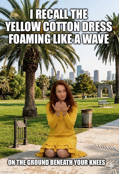 MacArthur Park | I recall the yellow cotton dress foaming like a wave; On the ground beneath your knees | image tagged in macarthur park,jimmy webb,1968,funny meme | made w/ Imgflip meme maker