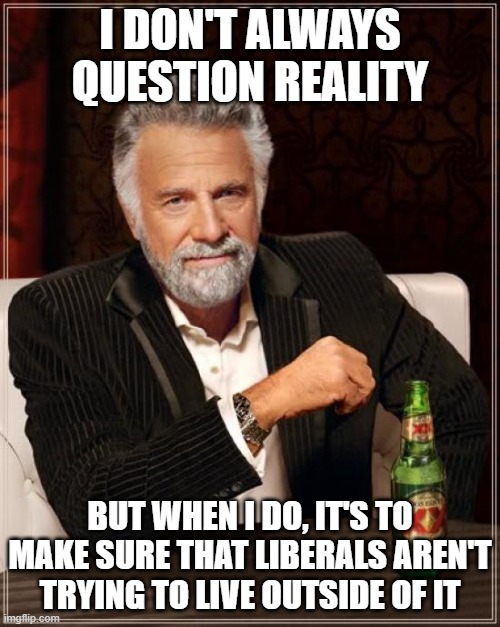 Reality was created by God, and so was everything else. NOTHING can change that | I don't always question reality; But when I do, it's to make sure that liberals aren't trying to live outside of it | image tagged in memes,the most interesting man in the world,remix | made w/ Imgflip meme maker