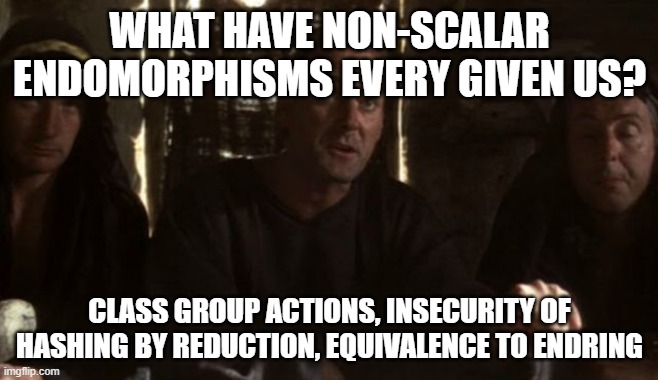 What have the Romans ever done for us? | What have non-scalar endomorphisms every given us? Class group actions, Insecurity of hashing by reduction, equivalence to EndRing | image tagged in what have the romans ever done for us | made w/ Imgflip meme maker