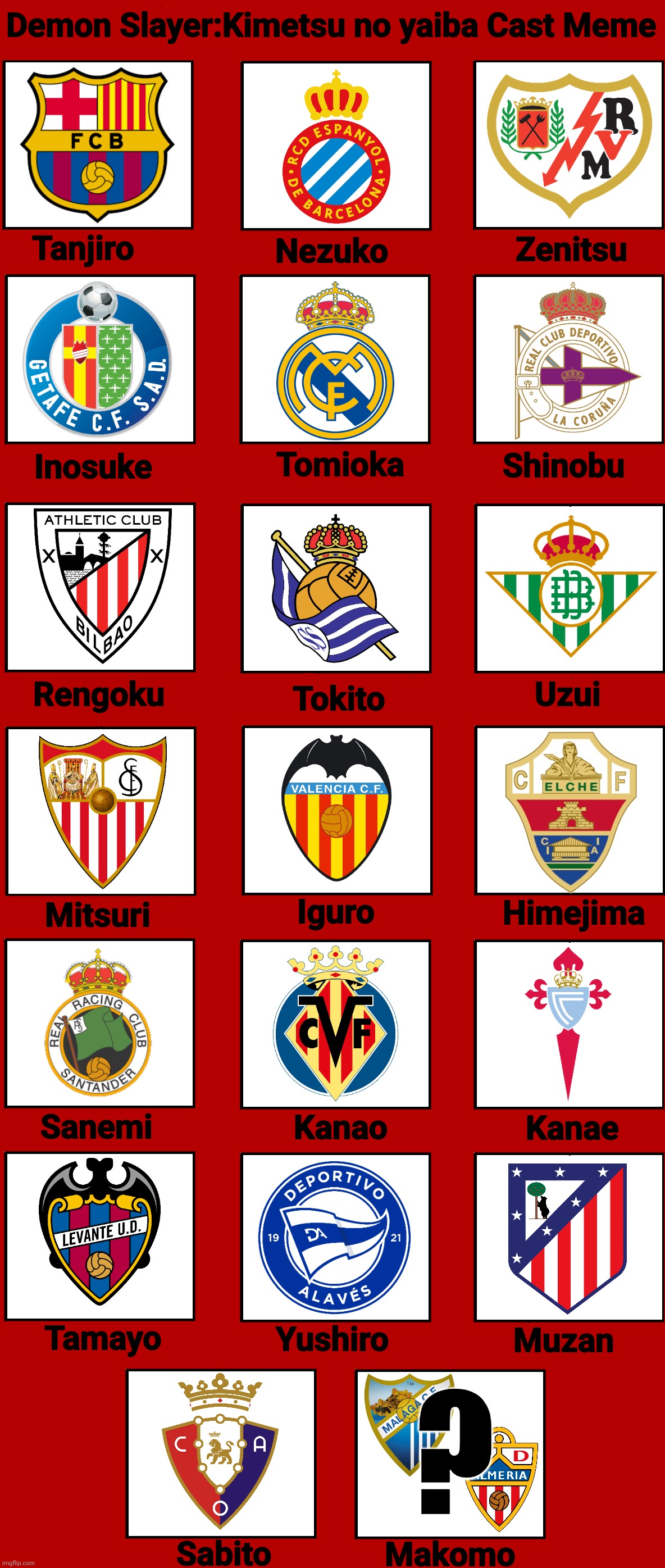 Demon Slayer: Kimetsu No Yaiba Cast Meme | LALIGA EA SPORTS 2026/27 Edition | ? | image tagged in demon slayer kimetsu no yaiba - cast meme,la liga,demon slayer,barcelona,real madrid,cast meme | made w/ Imgflip meme maker