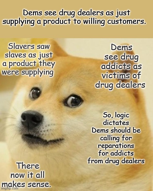 WHO knew Dems are supply siders. | Dems see drug dealers as just supplying a product to willing customers. Dems see drug addicts as victims of drug dealers; Slavers saw slaves as just a product they were supplying; So, logic dictates Dems should be calling for reparations for addicts from drug dealers; There now it all makes sense. | image tagged in memes,doge | made w/ Imgflip meme maker