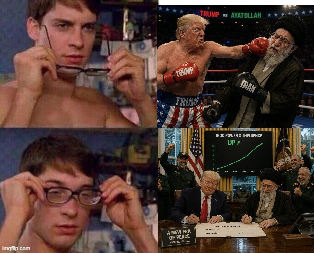 Trump on Fox News VS. Trump on reality (CNNWorld, 15/06/2026) | image tagged in spiderman glasses,iran,america,donald trump,iranian,expectation vs reality | made w/ Imgflip meme maker