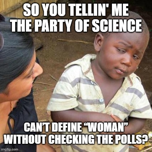 Imgflip AI generated meme for line "Democrats lie" | so you tellin' me the party of science; can’t define “woman” without checking the polls? | image tagged in memes,third world skeptical kid | made w/ Imgflip meme maker
