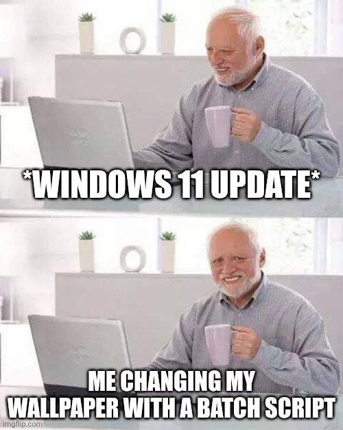 Not sure what the issue is still... | *Windows 11 update*; Me changing my wallpaper with a batch script | image tagged in memes,hide the pain harold | made w/ Imgflip meme maker