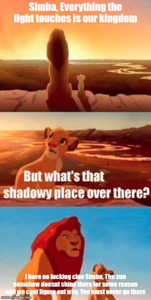 dont go to the somehow constantly dark place simba its in the shadow even though the sun is visible | Simba, Everything the light touches is our kingdom; I have no fucking clue Simba, The sun somehow doesnt shine there for some reason and we cant figure out why. You must never go there | image tagged in shitpost | made w/ Imgflip meme maker