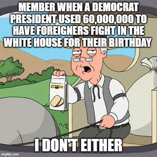 Sponsored by ___insertbadcompany___ | Member when a democrat president used 60,000,000 to have foreigners fight in the white house for their birthday; I don't either | image tagged in memes,pepperidge farm remembers | made w/ Imgflip meme maker