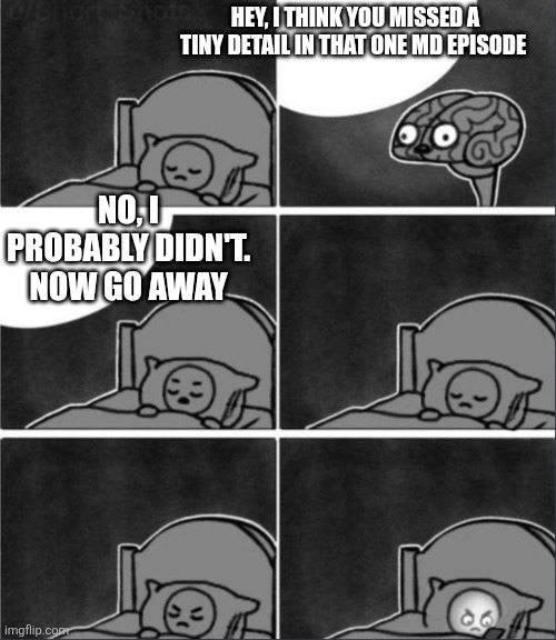 This happens every time | Hey, I think you missed a tiny detail in that one md episode; No, I probably didn't. Now go away | image tagged in brain sleep phone | made w/ Imgflip meme maker