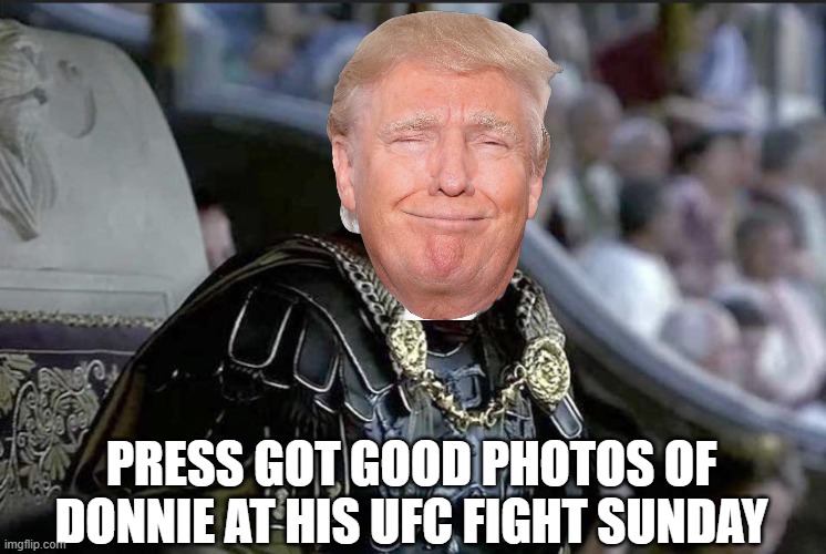 Were You not Entertained? | Press got good photos of Donnie at his UFC fight sunday | image tagged in gladiator,trump | made w/ Imgflip meme maker