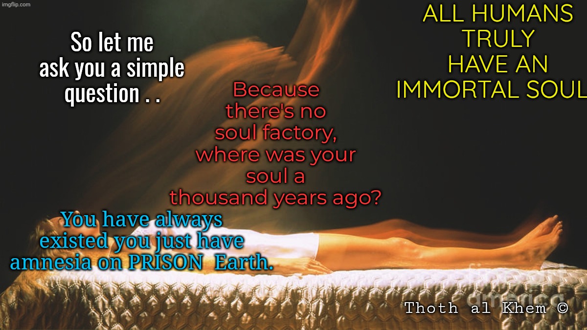 YOU ALL ARE IMMORTAL! ❤️ | All humans truly have an immortal soul. So let me ask you a simple question . . Because there's no soul factory, where was your soul a thousand years ago? You have always existed you just have amnesia on PRISON  Earth. Thoth al Khem © | image tagged in you just don't remember,humans have amnesia,earth is a prison,look at all the criminals that live on this planet | made w/ Imgflip meme maker