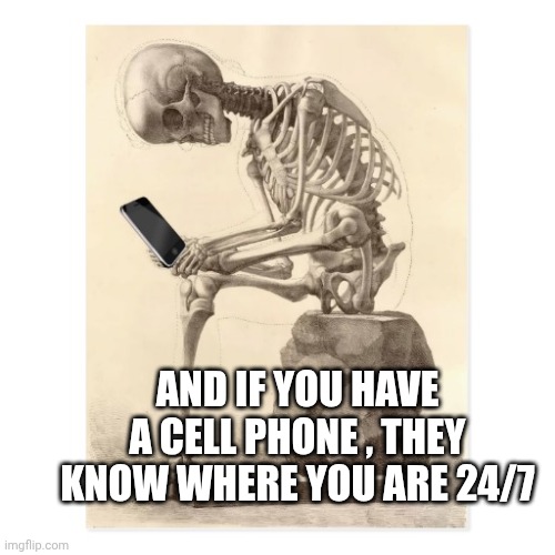 Skeleton checking cell phone | and if you have a cell phone , they know where you are 24/7 | image tagged in skeleton checking cell phone | made w/ Imgflip meme maker