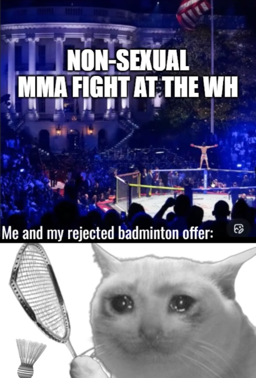 I do love playing badminton though, but I'm not a watcher of sports - that's my brother's gig | image tagged in funny,crying cat,politics | made w/ Imgflip meme maker