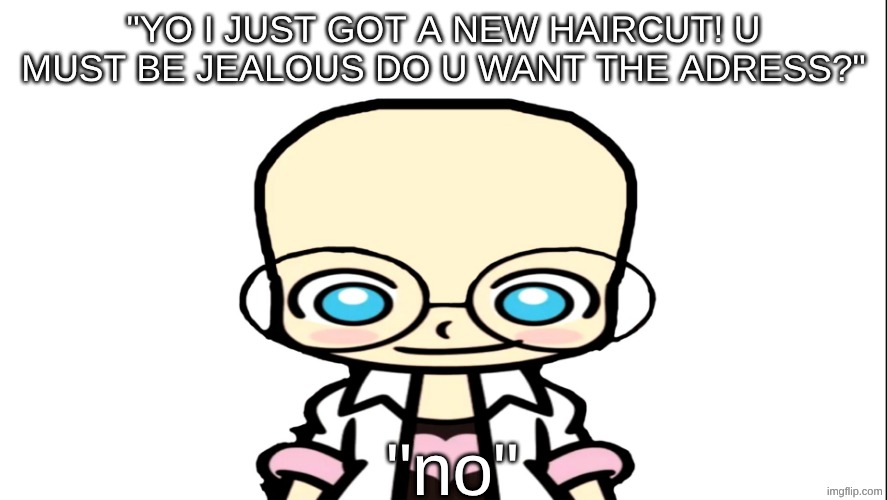bald | "yo I just got a new haircut! u must be jealous do u want the adress?"; "no" | image tagged in bald bald bald oh no,haircut | made w/ Imgflip meme maker